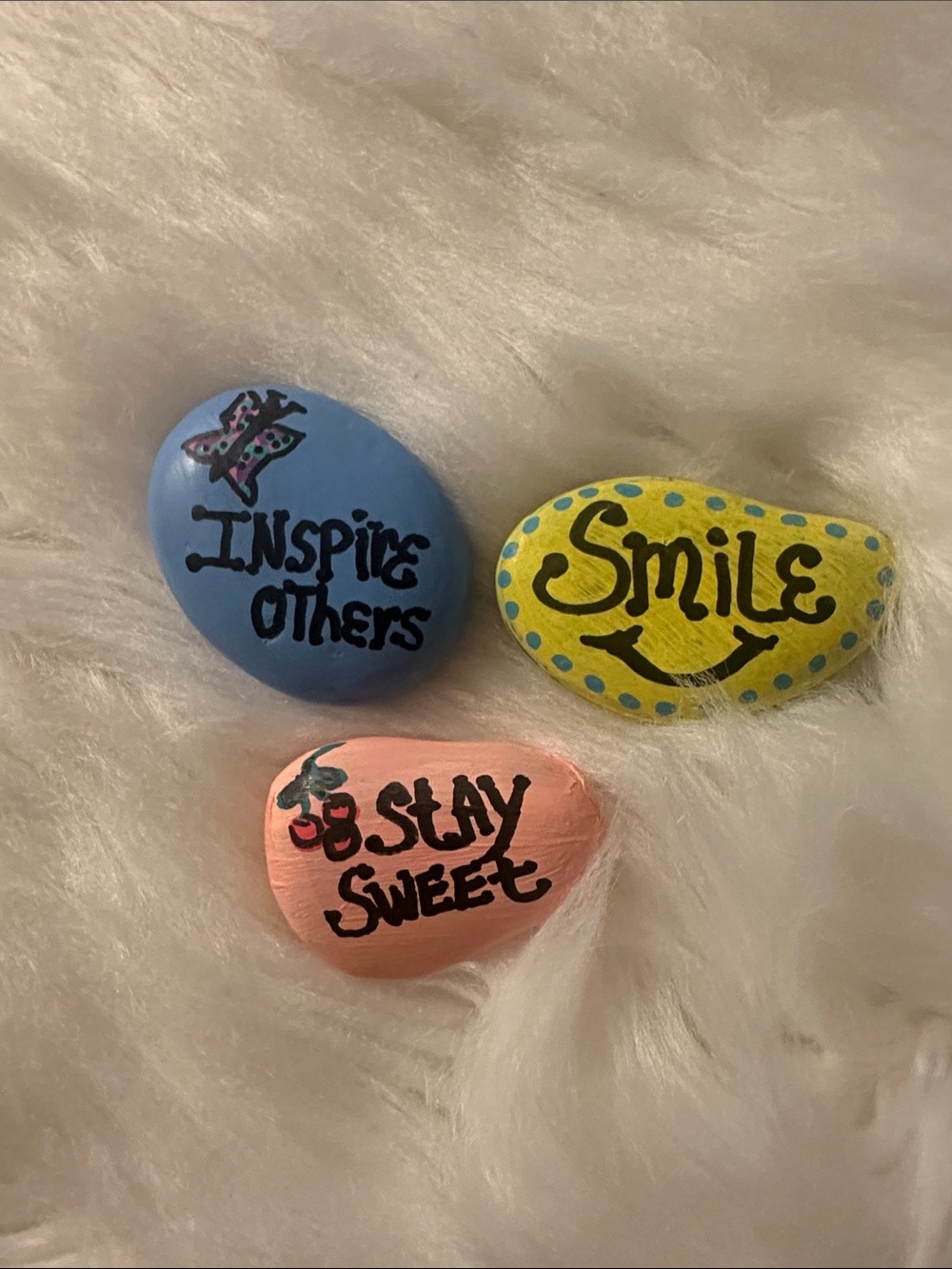 Hand-Painted Inspirational Pebble Set - Blue, Yellow, Pink